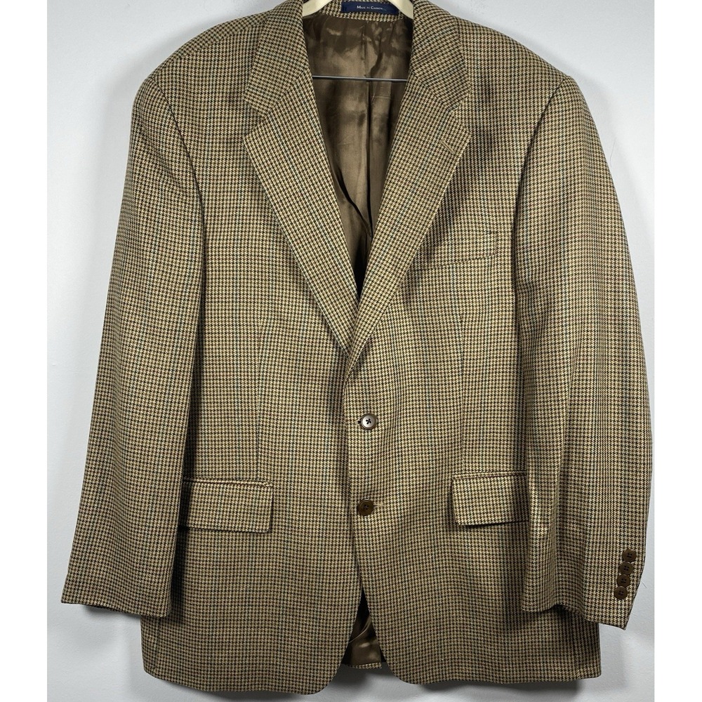 Vtg Chaps Ralph Lauren‎ Sport Coat Mens 44R Brown Silk Wool Houndstooth Blazer